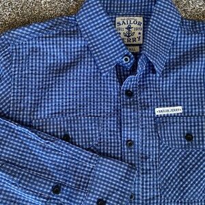 Sailor Jerry NWT Bunker Blue Gingham Textured Long Sleeve Button Down, Men’s S